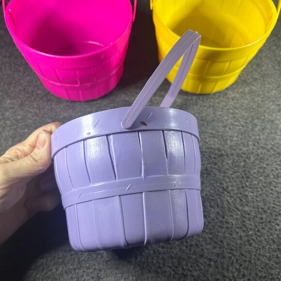 Lot Of 3 Vintage Easter Baskets Bucket Pail Plastic Mold Pink Purple Yellow - Picture 7 of 8